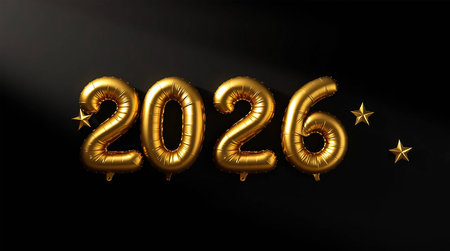 Happy New Year 2026 gold foil balloons on black background. 3D Renderingの素材