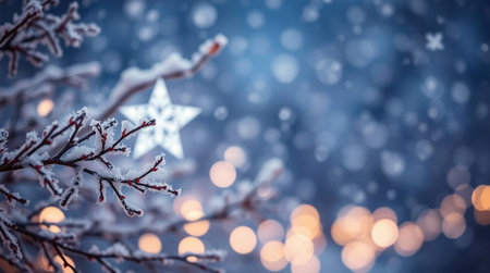 A winter wonderland with frosted branches and twinkling star lights during snowfall, featuring a blurred bokeh effectの素材