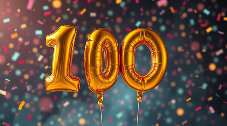 Number 100 gold foil balloon with confetti.の素材