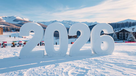 Giant 2026 Snow Sculpture in a Winter Mountain Landscapeの素材