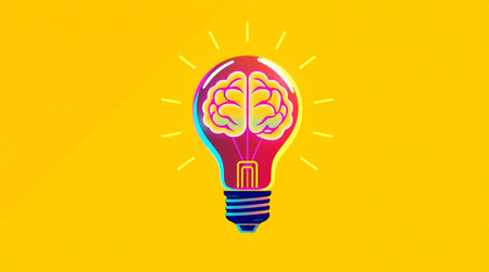 Light bulb with brain icon on yellow background. Idea concept. Vector illustration.の素材