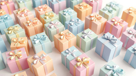 3d render of many colorful gift boxes with bows on white backgroundの素材