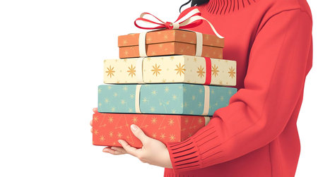 Woman in red sweater holding stack of christmas gifts isolated on white backgroundの素材