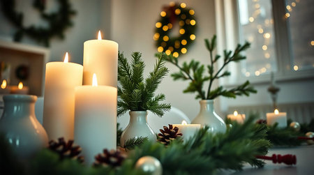 Christmas decoration with burning candles and fir branches in living room interior.の素材