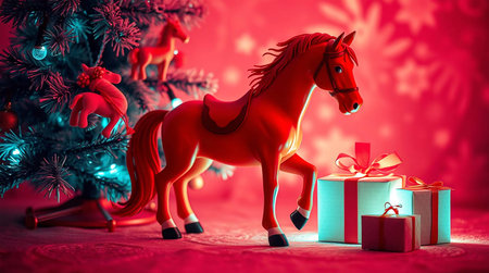 Christmas background with Christmas tree, presents and horse toy on red background.の素材