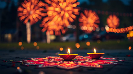 Diwali Celebration with Glowing Diyas and Fireworks at Nightの素材