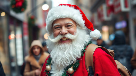 Candid street photography of a cheerful Santa Claus with festive Christmas ornaments, blurred bokeh effect, urban scenesの素材