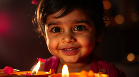 Cute Indian little girl celebrating Diwali with lit candles.の素材