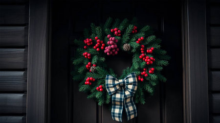 Christmas wreath with red berries on dark wooden door, copy spaceの素材