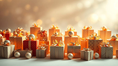 Christmas gift boxes with golden ribbons on bokeh background.の素材