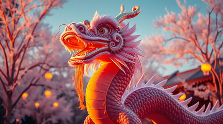 Chinese dragon statue in the winter forest. Chinese New Year concept.の素材