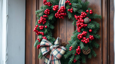 Christmas wreath with red berries hanging on the door of the houseの素材
