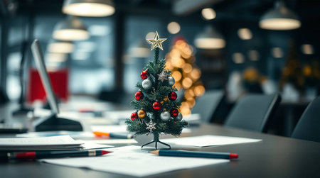 Christmas tree on an empty office desk amidst papers and pens, presenting a lonely corporate holiday symbol and abandoned festive works.の素材