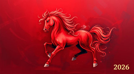 Red horse with long mane and tail on a red background.の素材