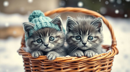 Two kittens in a wicker basket on the background of snow.の素材