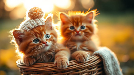 Cute ginger kittens sitting in a basket on a sunny autumn dayの素材