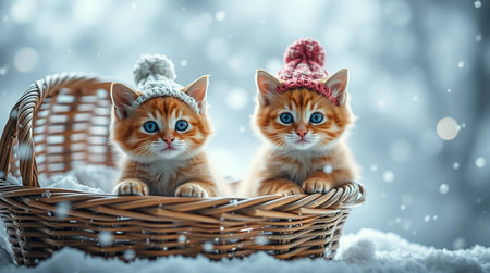 Two red kittens in a basket on a snowy background. Winter concept.の素材