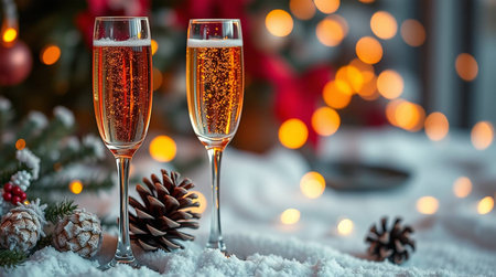 Two glasses of champagne on background of Christmas tree and bokeh lightsの素材