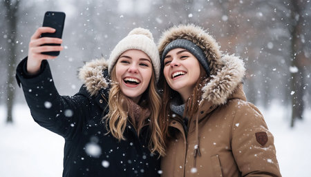 Two beautiful young women taking a selfie with a smartphone in a snowy parkの素材