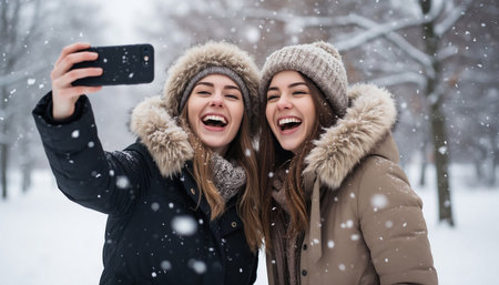 Two young women taking a selfie with a smartphone in a snowy parkの素材