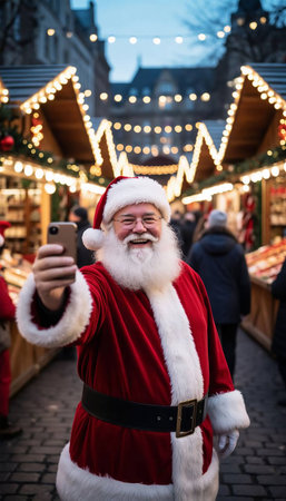 Santa Claus taking selfie with smartphone on Christmas market in Moscow.の素材