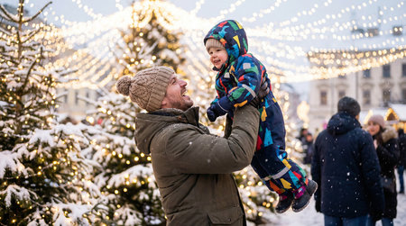 Happy father and son having fun on Christmas market in winter.の素材