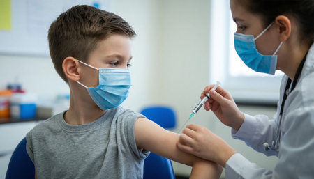 Doctor giving a vaccine to a boy in the hospital. Vaccination conceptの素材