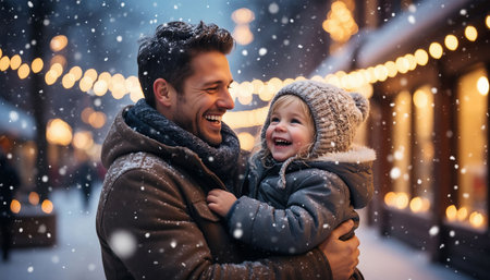 Joyful father and child over christmas lights backgroundの素材