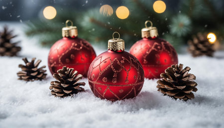 Festive Red Christmas Baubles and Pine Cones in Winter Snowの素材