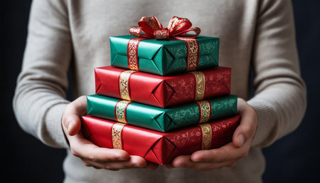 Person Holding Stack of Christmas Giftsの素材