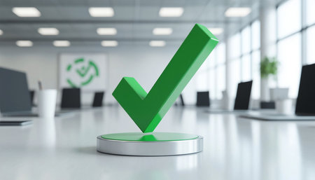 The green check mark of success in the modern office environmentの素材