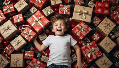 Joyful Boy Surrounded by Christmas Gifts and Holiday Cheerの素材