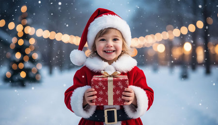 Adorable little girl in Santa Claus costume holding a gift box and looking at the camera with Christmas lights in the backgroundの素材
