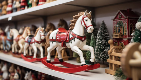 Wooden toy horse on a shelf in the store. Christmas decorationの素材