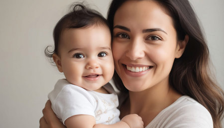Portrait of smiling mother and daughter looking at camera over gray backgroundの素材