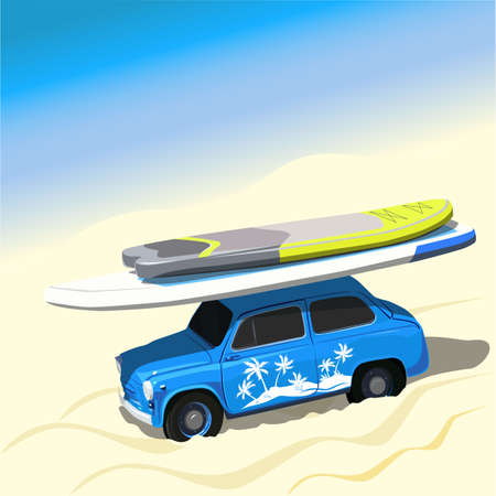 Blue car with sup boards on the beach.のイラスト素材