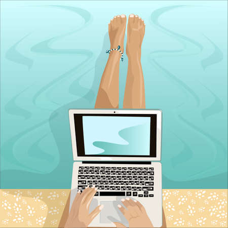 Woman working on her laptop at poolsideのイラスト素材