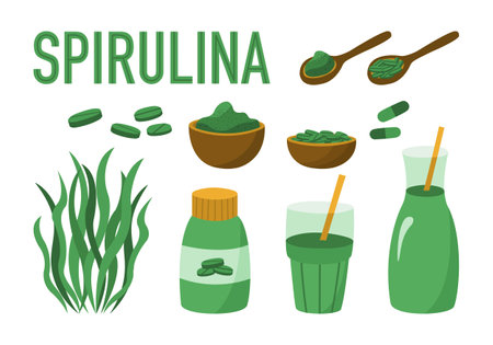 Set of vector elements spirulina alga. Spirulina powder, spirulina algae, pills, tablets, cocktails. Organic superfood isolated on white background.のイラスト素材