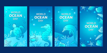 World ocean day banner collection with seahorse, turtle, dolphin and sea shells. Vector illustration.のイラスト素材