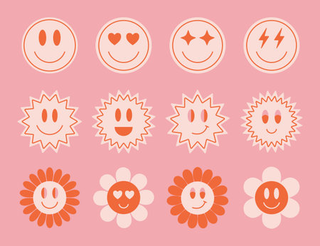 Set of simple cute hipster smile stickers. Trendy retro abstract patches. Vector illustration.のイラスト素材