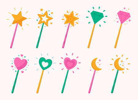 Decorative magic wands collection for princess, girls. Fairy tale elements. Vector illustration.のイラスト素材