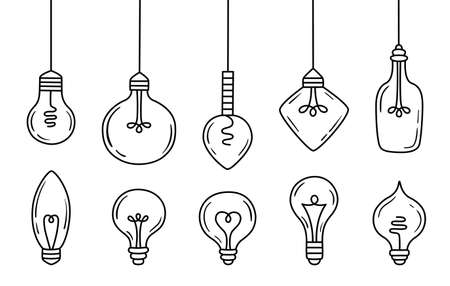 Set of doodle electric light bulb or lamp bulb. Hand draw idea symbol collection. Vector illustration.のイラスト素材
