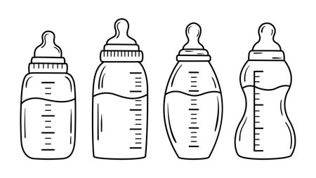 Feeding milk bottle collection in line art style. Doodle baby pacifier. Vector illustration.のイラスト素材