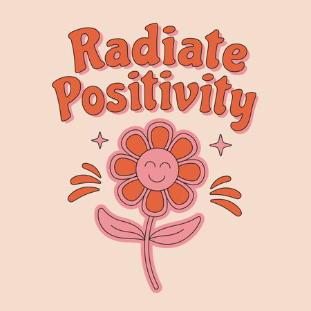 70s retro hippie inspirational Radiate Positivity slogan with cute flower for t shirts, posters, cards. Vector illustration.のイラスト素材