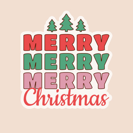 Merry Christmas groovy sticker in trendy hippie retro 1970s style with Christmas trees. Vector illustration.のイラスト素材