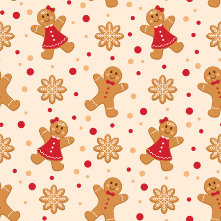 Winter Christmas seamless pattern with Gingerbread man and woman with snowflake cookies. Vector illustration.のイラスト素材
