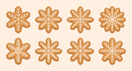 Simple gingerbread snowflake sweet cookies with sugar glazed. Christmas holiday food. Vector illustrationのイラスト素材
