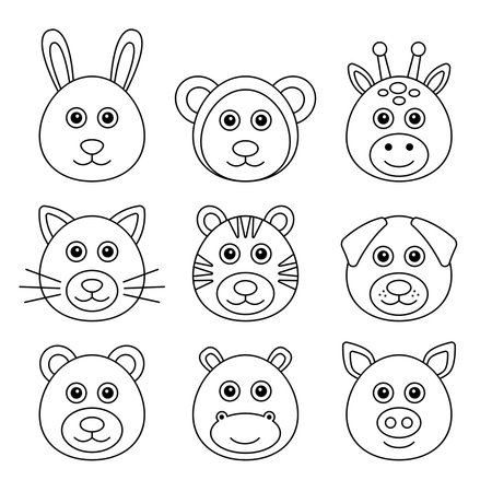 Set of outline cute heads zoo animals. cat, bear, hippo, rabbit, tiger, giraffe, monkey, dog, pig. Vector illustrationのイラスト素材