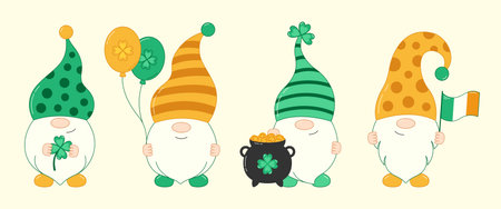 Saint Patricks Day Irish lucky gnomes with clover, balloon, pot of gold coins and Irish flag. Vector illustrationのイラスト素材