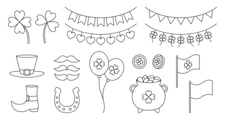 Set of St. Patricks Day line elements. Irish holiday symbols isolated on white background. Vector illustrationのイラスト素材